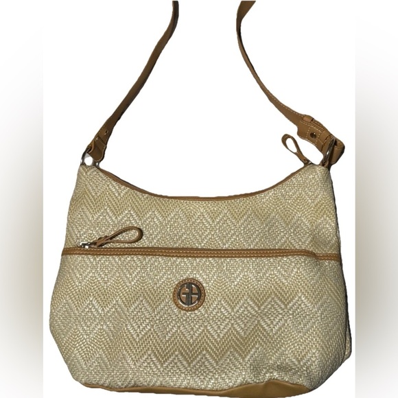 Cream and Tan Crescent Shoulder Bag with Textured Pattern - Picture 2 of 9